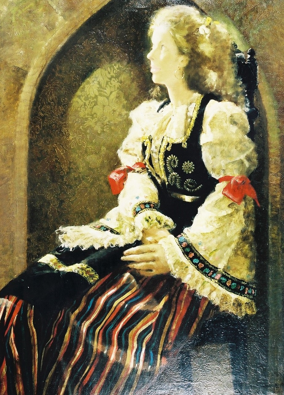 アーチ型の枠の前の黒い椅子に座っている、赤いリボンがついた白いフリルとストライプ柄のスカートの民族衣装の様な服を身にまとった女性が、光が差し込む先を静かに見つめ佇んでいる様子を描いた作品の写真