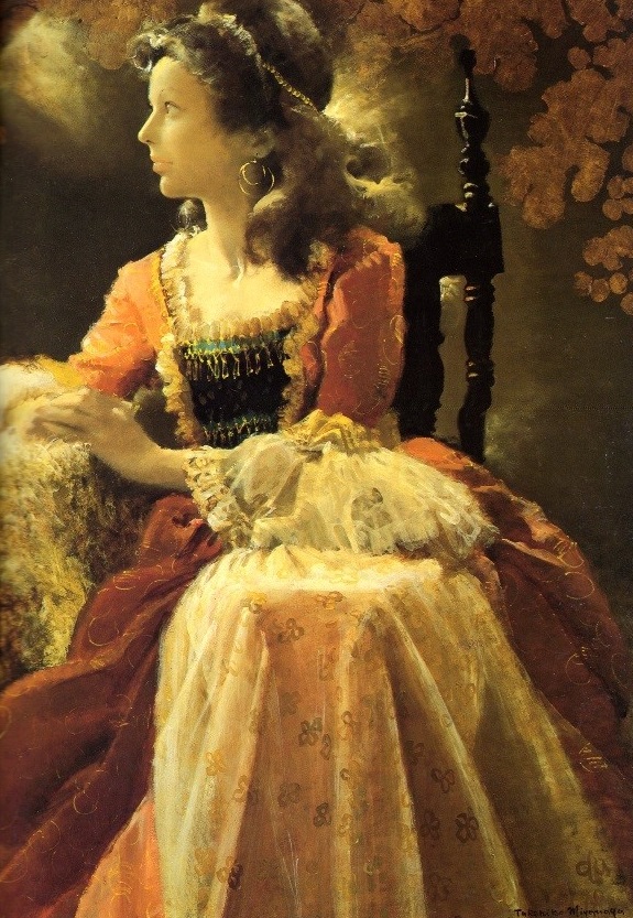 赤いスカートと白いフリルを重ねた豪華なドレスをまとった女性が、椅子に座って遠くを見つめる様子を描いた、クラシックでエレガントな肖像画作品の写真