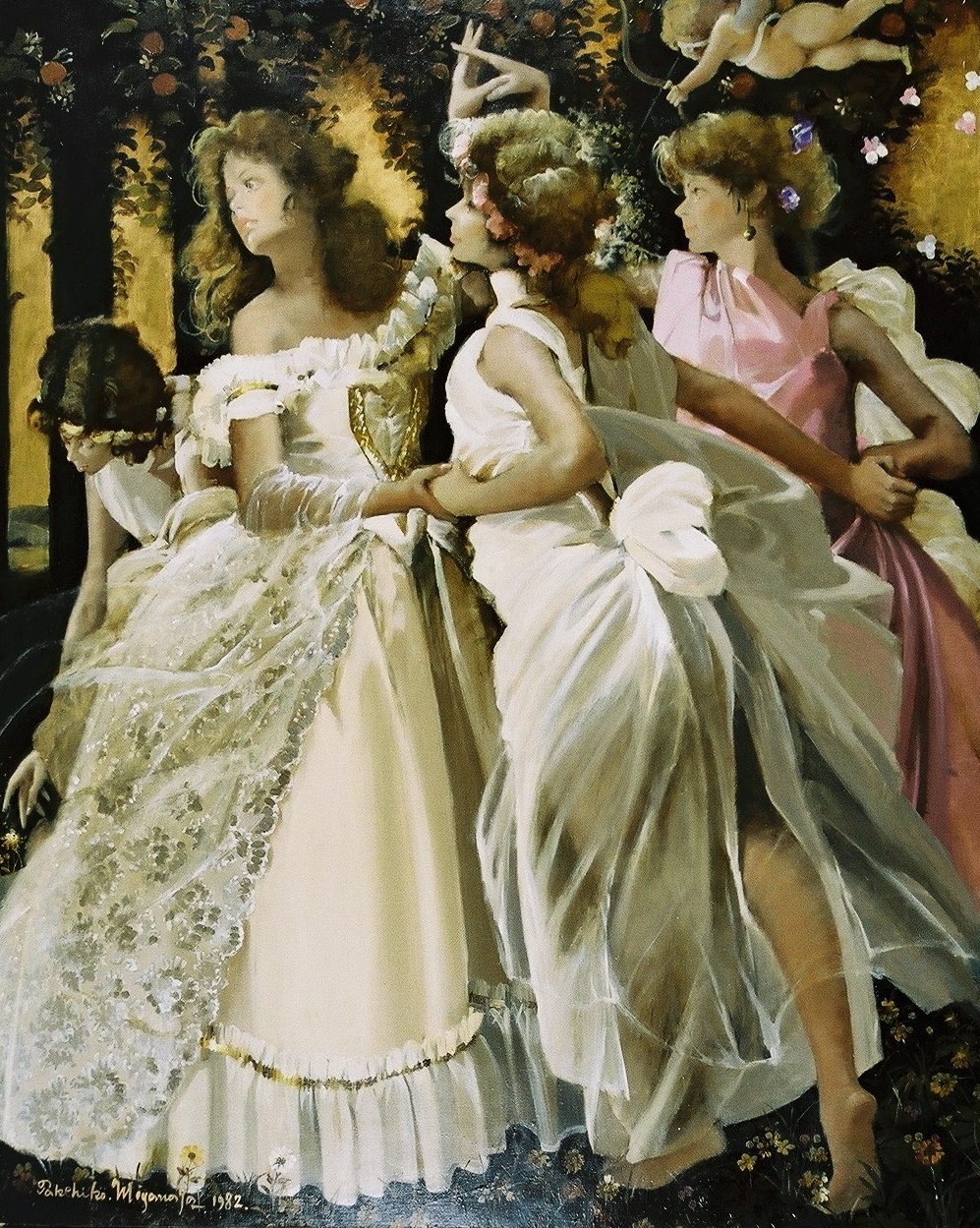 周囲に木々が生え、花が咲いている森の様な場所に、矢を持った羽の生えた天使が宙を飛び、白や金のドレスを身にまとった女性たちが輪になって優雅に踊っている様子を描いた作品の写真