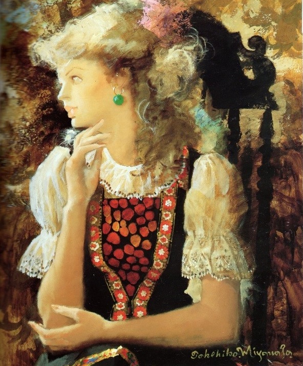 フリルがついた袖のブラウスと赤い模様のコルセットを身につけた、エメラルドグリーンのイヤリングをしたふわふわとした髪の女性が椅子に座り、右手を顎に添えた横顔を見せながら遠くを見つめている様子を描いた絵画作品の写真