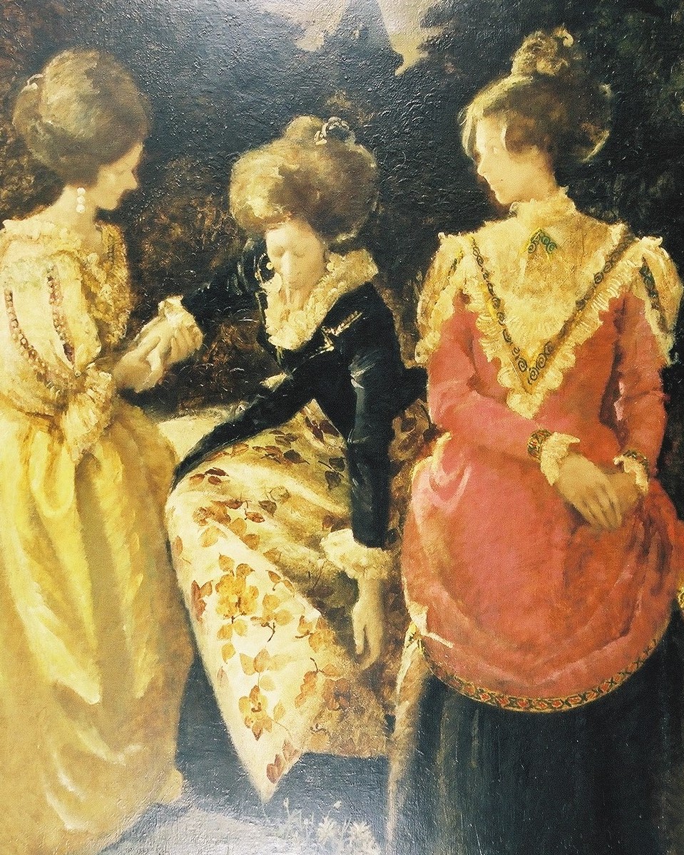 木々の間から建物の三角屋根が見える薄暗くなった森の中で、左側の女性が左足を気にしている中央の女性の右手を支え、アップにした髪型と優雅なドレスを身に着けた3人の女性が、舞踏会へ向かっている途中の様子を描いた作品の写真