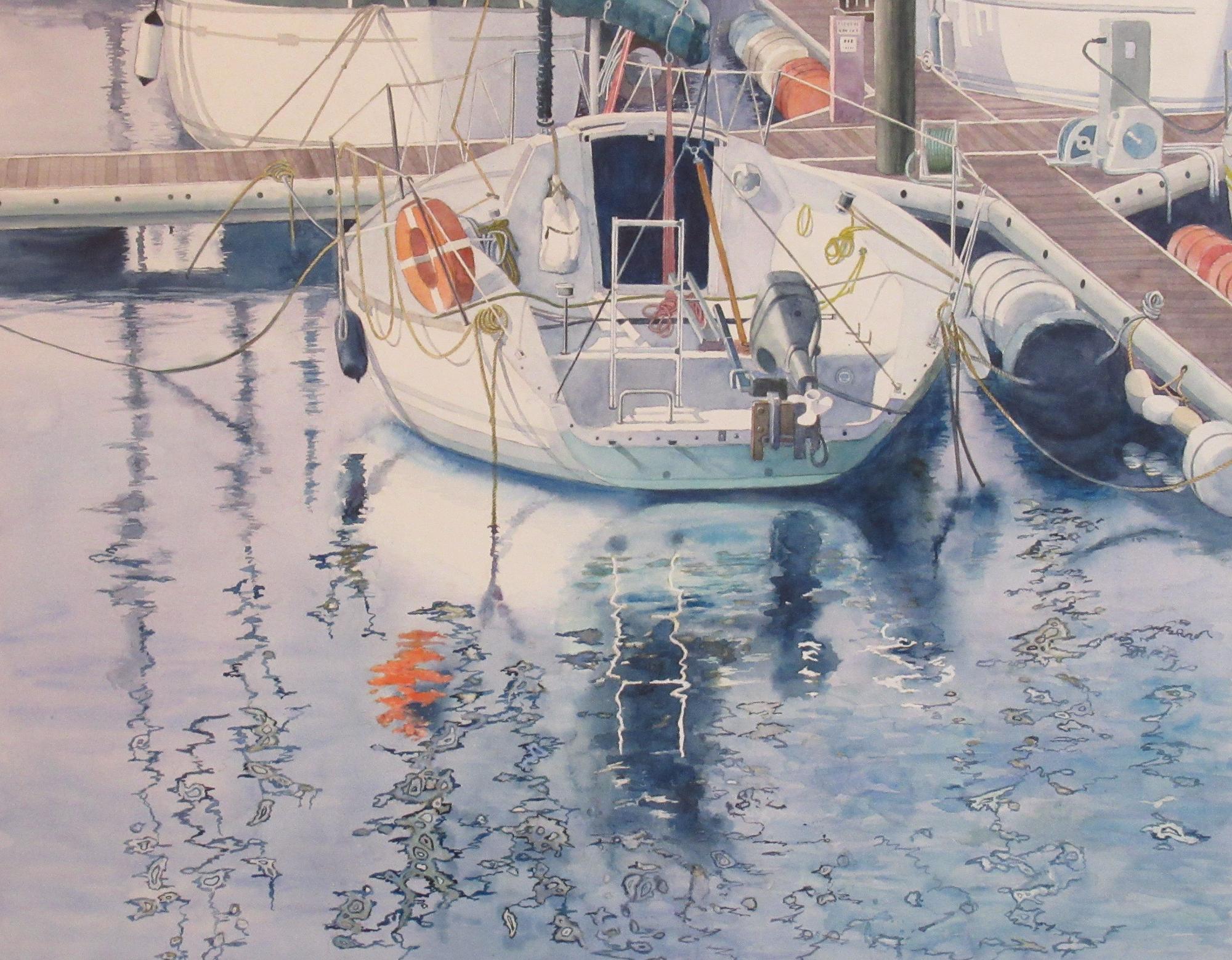 港に停泊しているヨットが水面に反射している様子を、淡い色調で描いた、美術の部で市展大賞を受賞した作品の写真