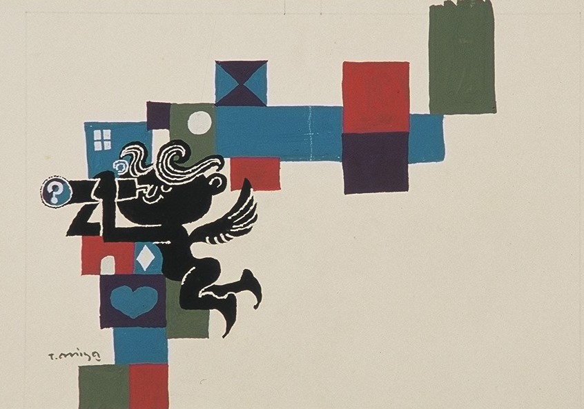 ハートやひし形などの模様が描かれた複数のブロックが積み重なった前で、黒い天使が望遠鏡を覗き込んで飛んでいる様子を描いており、望遠鏡の先に疑問符がついている、不思議な雰囲気の挿絵作品の写真