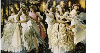 周囲に木々が生え、花が咲いている森の様な場所に、矢を持った羽の生えた天使が宙を飛び、白や金のドレスを身にまとった女性たちが輪になって優雅に踊っている様子を描いた幻想的で華やかな絵画作品の写真