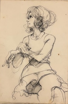 ウエーブした髪をアップにして袖の無いフリルのついたスカートを着た女性が、腕を組んで横顔を見せ、遠くをじっと見つめている様子を、鉛筆のような画材で荒いタッチで描かれたデッサンのイラスト