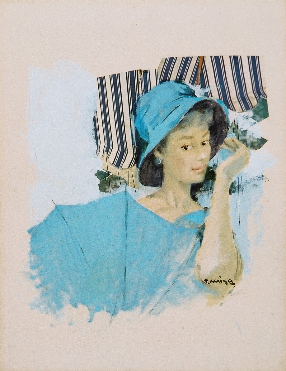 背景にストライプの模様が描かれた、水色の傘を広げて体を隠し、ターコイズブルーの帽子をかぶった女性が左手で帽子を触る仕草をして横を向いている、淡く柔らかな色彩で描かれた絵画作品の写真