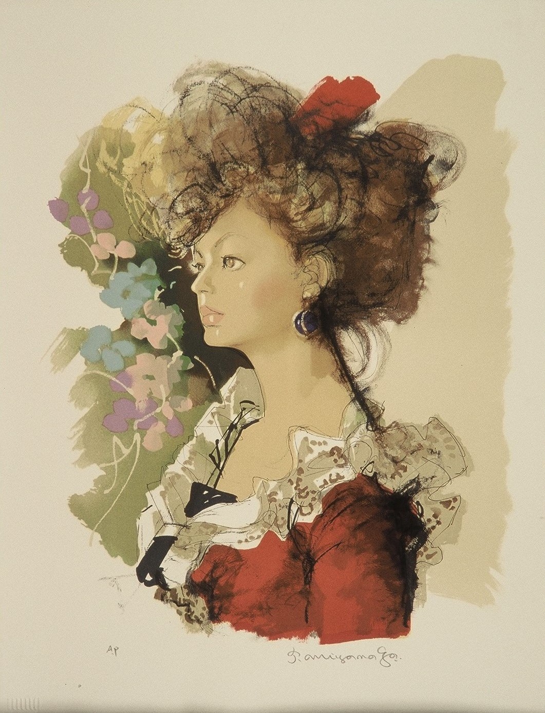 ピンクや水色の花が描かれた背景の前に、レースの襟がついた赤い服を着た、ふわふわの茶色い髪をアップにした女性が、横顔で少し上を見つめている様子が描かれている水彩画作品の写真