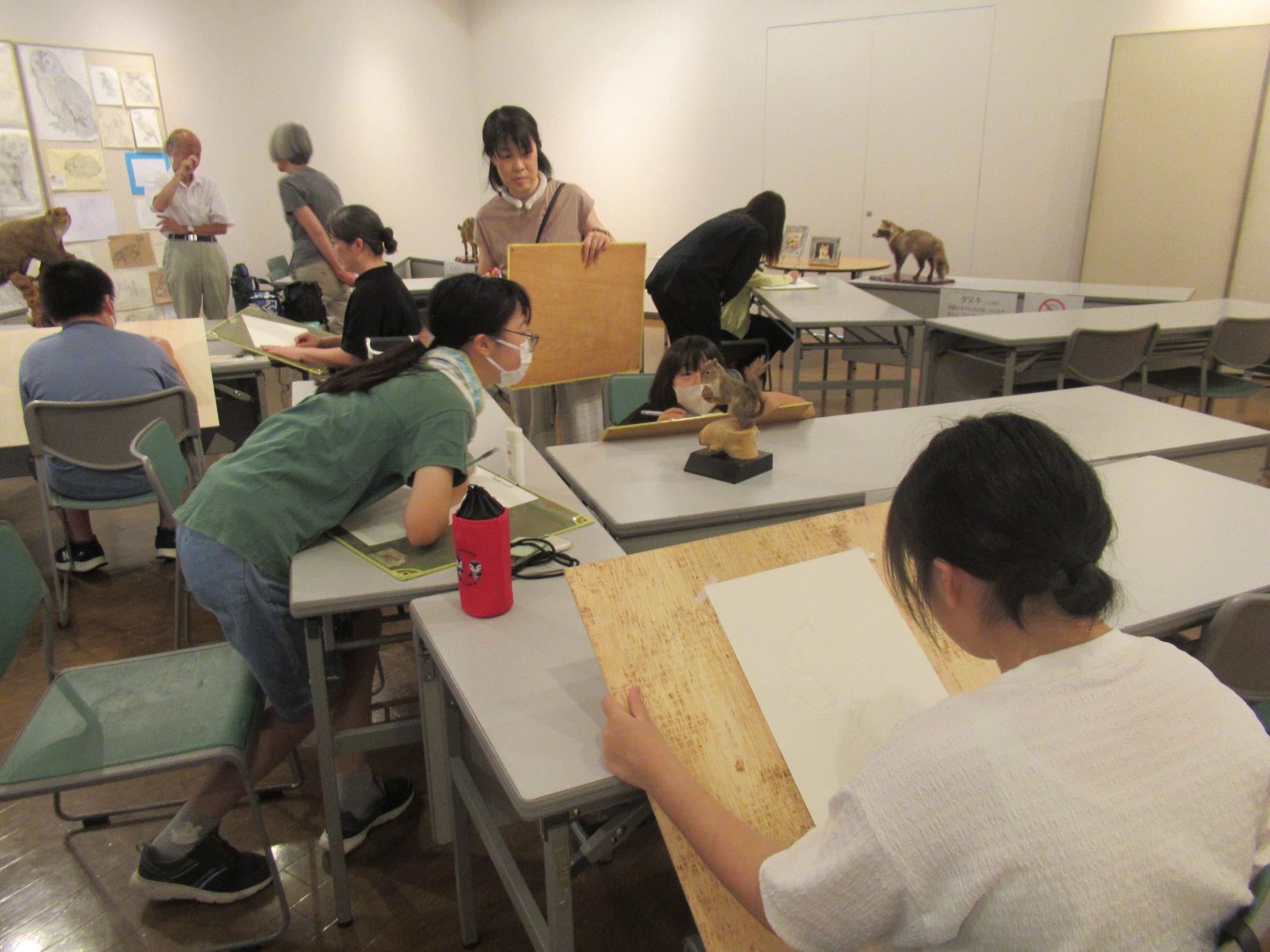 白いマスクを着けた子供たちが、机に置かれたリスの剥製を間近で見ながら、それぞれの画用紙に真剣な表情で絵を描いている様子の写真