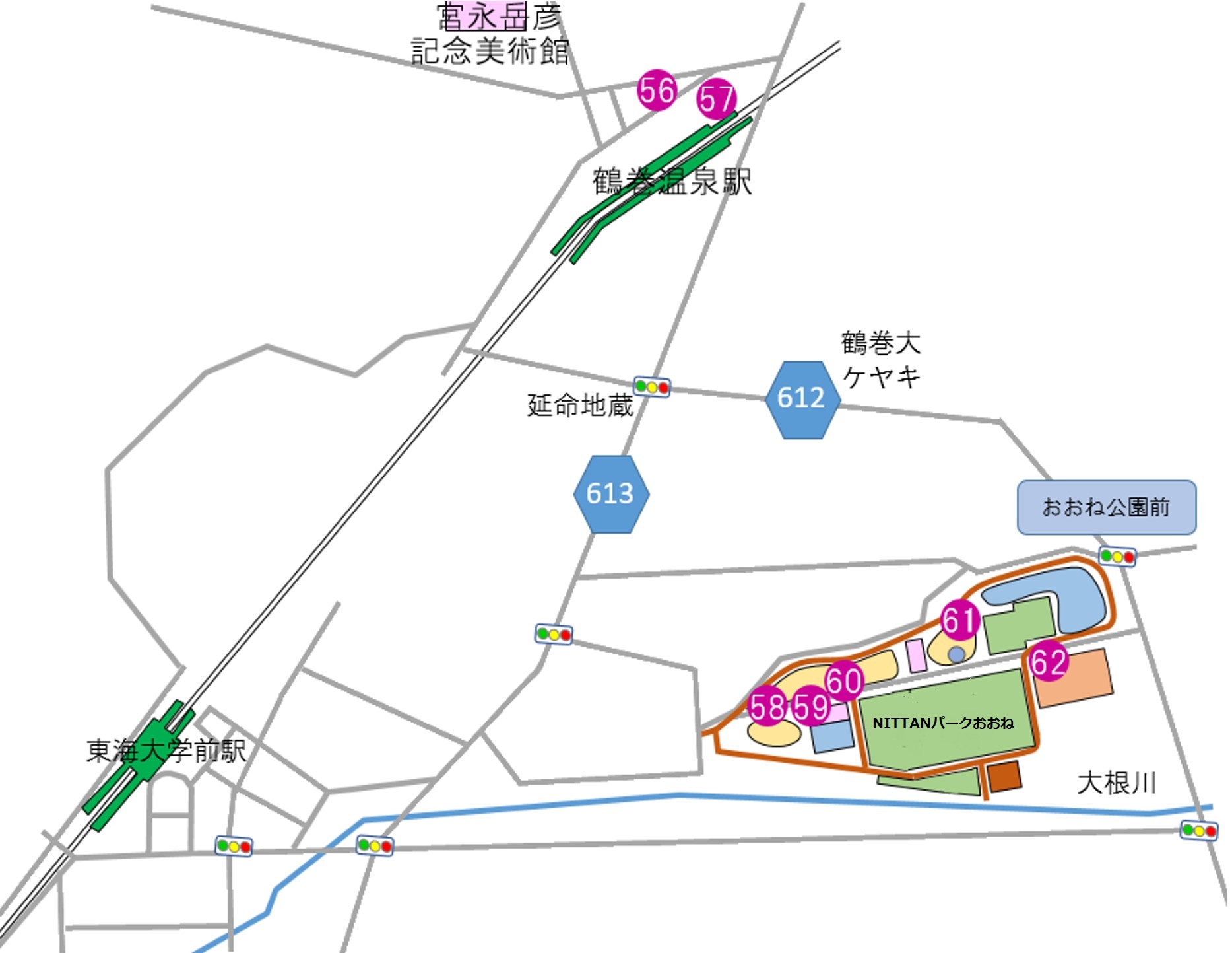 鶴巻温泉駅とNITTANパークおおね周辺に設置された彫刻の配置図