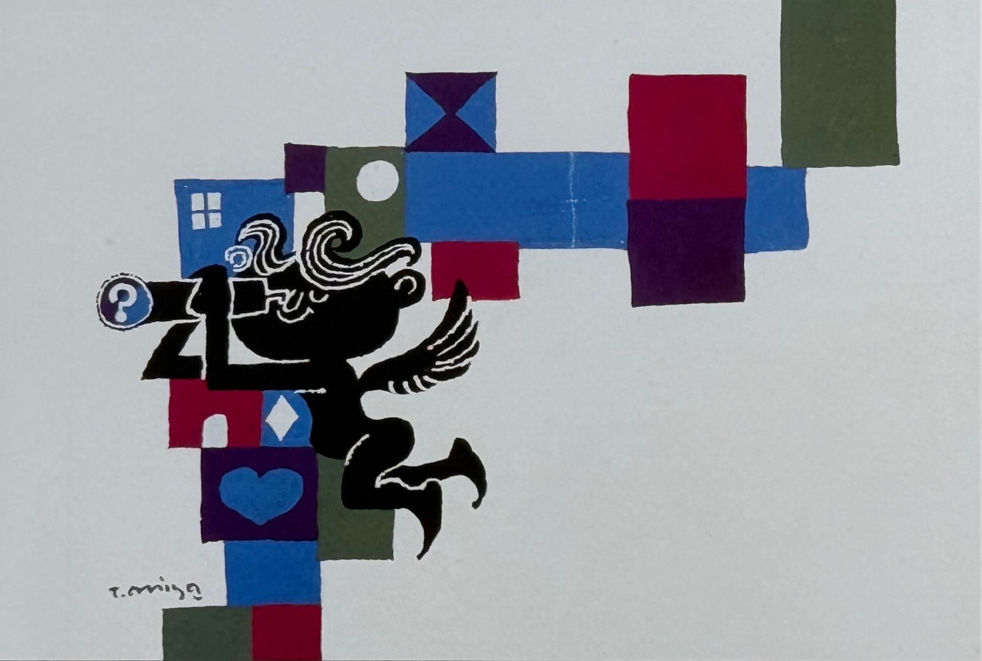 ハートやひし形などの模様が描かれた複数のブロックが積み重なった前で、黒い天使が望遠鏡を覗き込んで飛んでいる様子を描いており、望遠鏡の先に疑問符がついている、不思議な雰囲気の挿絵作品の写真