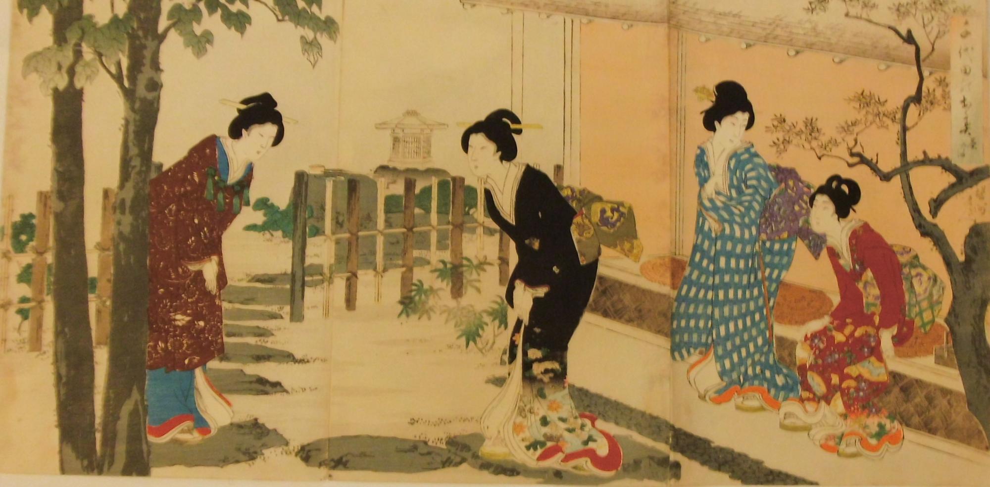 木と石灯籠がある庭園の通路で二人の女性が向かい合って挨拶を交わし、近くの建物の中では二人の女性が座って下駄を履き出かける様子を描いた浮世絵