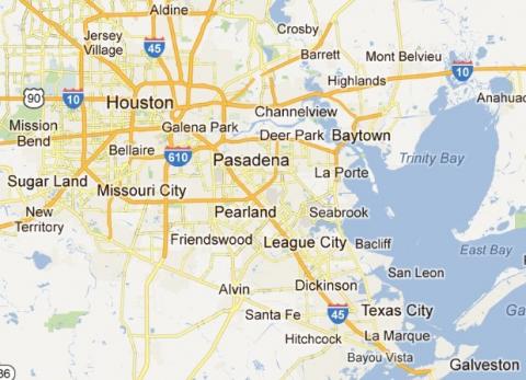 主要道路がオレンジ色で記され、英語で表記されたパサデナ市の地図