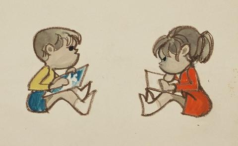 床に向き合って座っている黄色の服と青色の短パンを履いた男の子と赤色のワンピースを着た女の子が、絵を描いている様子を描いた作品の写真