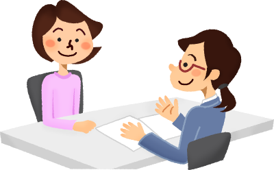 白いテーブルを挟んで、左側にピンクの服を着た短髪の女性が座り、右側に青い服と眼鏡をかけた女性が身振りを交えて会話している対面相談の様子を描いたイラスト