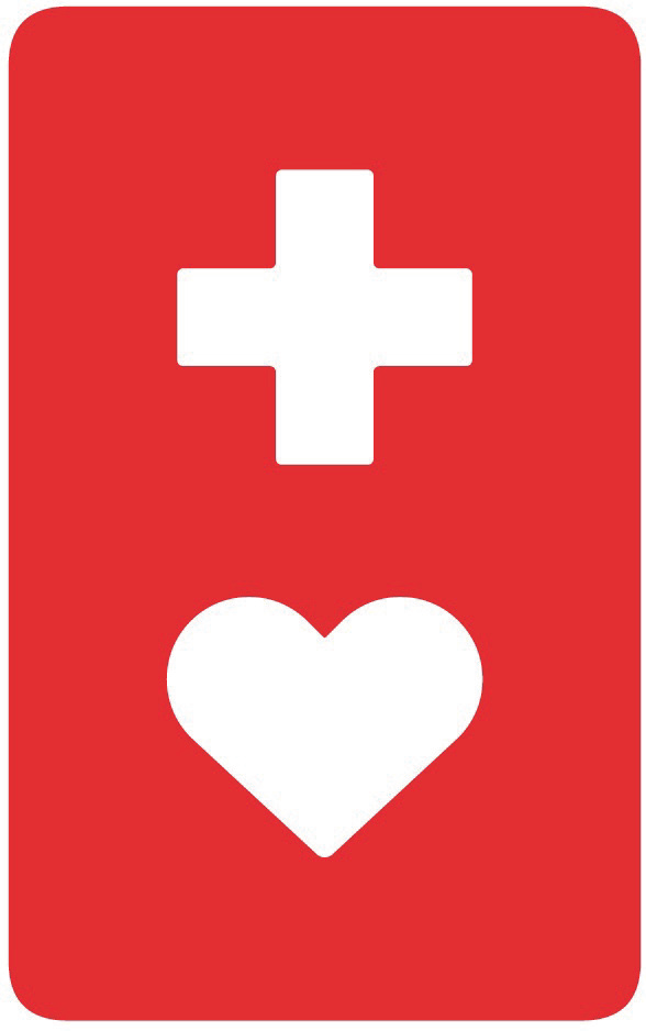 長方形の形で、赤地に白文字で十字とハートが描かれたヘルプマーク