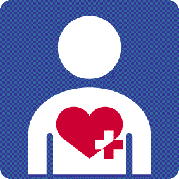 青いチェック模様の背景に、人の上半身を表す白いシルエットが描かれ、その胸部に赤いハートと白い十字が組み合わさっている、医療や福祉サービスを示すロゴマークのイラスト