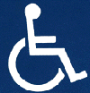 青い背景に白い線で描かれた、車いすに乗った人物のシルエットで、国際的なバリアフリーを象徴する案内標識のイラスト