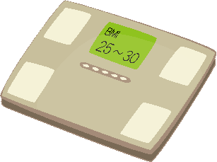 健康状態の把握に使用されるベージュ色の体組成計が斜め上から描かれており、緑色の画面に「BMI」の文字と「sim30$」の数値が表示されているシンプルなイラスト