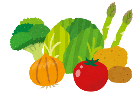 緑色のブロッコリー、白菜、アスパラガス、赤色のトマト、黄土色の玉ねぎとじゃがいものイラスト