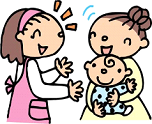 赤ちゃんを抱っこした母親とピンク色のエプロンを着用した保育教諭が楽しそうに話をしているイラスト