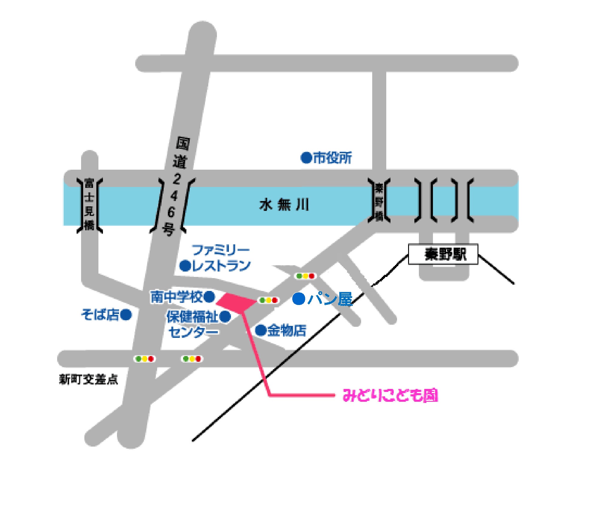 南中学校の傍にあるみどりこども園の位置図