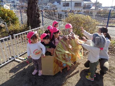 ダンボールでできた藁の家に隠れた2歳児をオオカミ役の2歳児と保育教諭が驚かせて遊んでいる写真