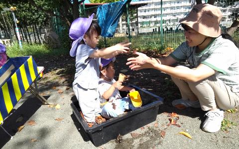 園庭で薄紫色の帽子を被った1歳児が落ち葉の入った桶に入ってお風呂のようにしたり、落ち葉を保育教諭に渡したりして遊んでいる写真
