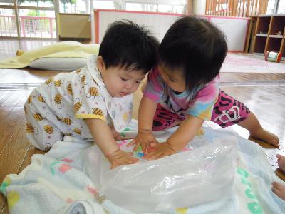 二人の乳児が、床の上に置いてある水の入った袋を触り、感触を楽しんでいる写真。