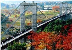 大きな石造りの主塔を持つ吊り橋が、紅葉した木々を前景にして架かり、橋の上には多くの観光客が歩いている賑やかな秋の景色を捉えた写真