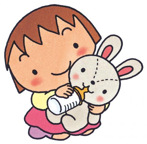 明るい笑顔の女の子が、抱きかかえているウサギのぬいぐるみに対し、哺乳瓶でミルクを飲ませてあげているイラスト
