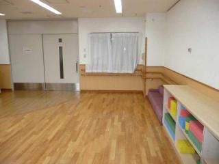 木目調のフローリングと白い壁の広々とした室内で、おもちゃや備品がカラフルに収納された遊戯室の写真