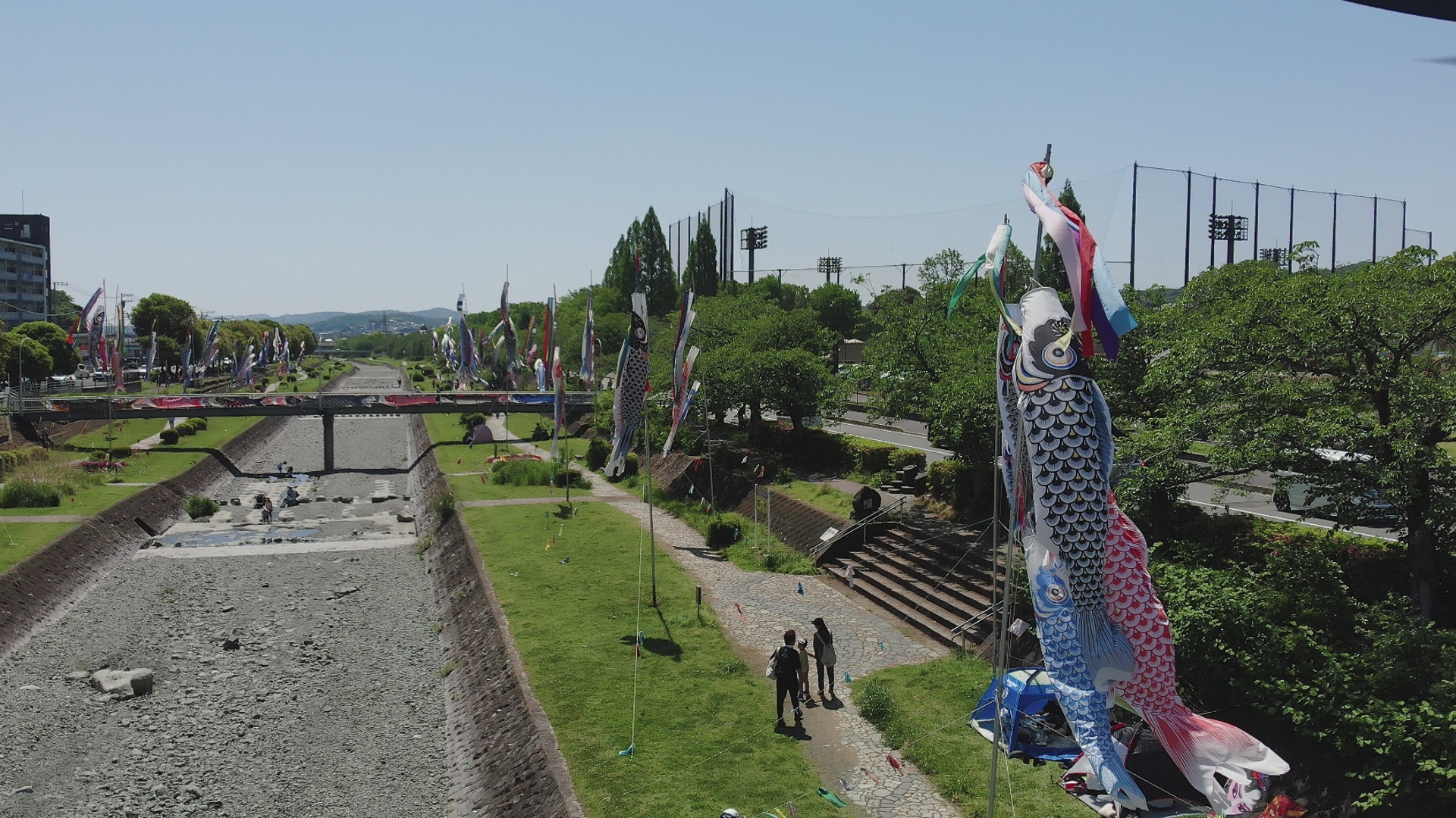 晴天の昼下がり、川沿いの河川敷で、色鮮やかな大小の鯉のぼりが多数掲げられており、その下の遊歩道では数人の人々が立ち止まっている様子を写した、上空からの眺めの写真