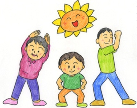 笑顔の太陽の下で、三人の人が楽しそうに体操をしている様子を描いた明るいイラスト