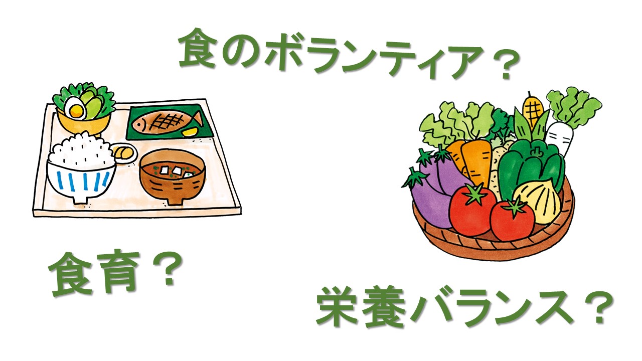 「食のボランティア？」という問いかけの下に、左には「食育？」と書かれたご飯や焼き魚の和定食、右には「栄養バランス？」と書かれた野菜が詰まったカゴが描かれているイラスト