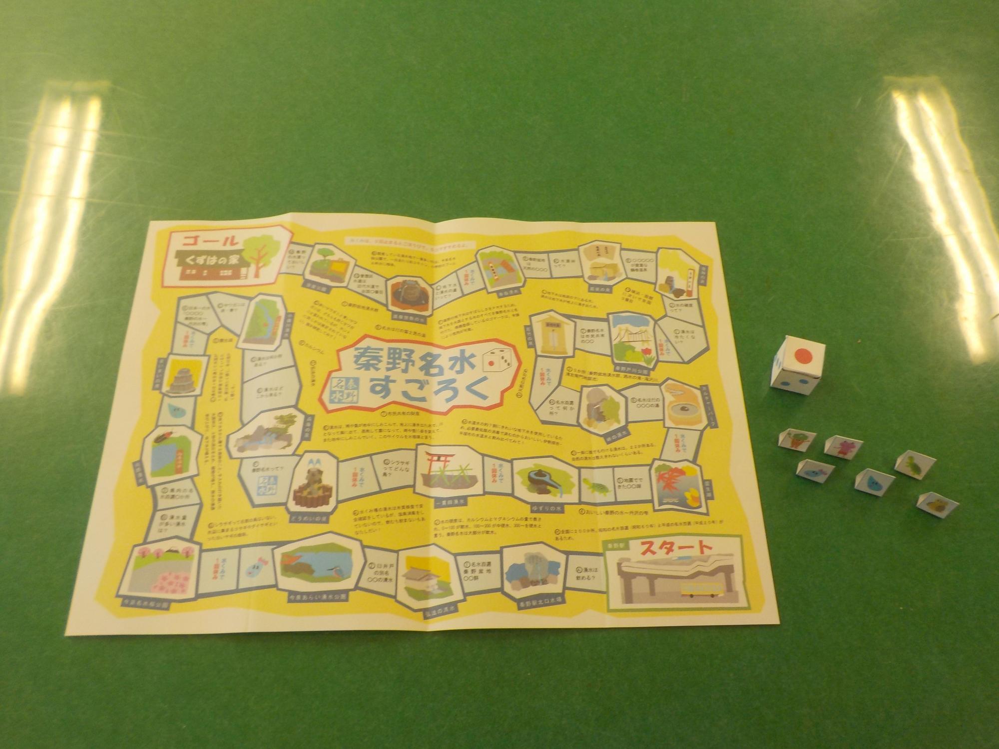 黄色地の中央に「秦野名水すごろく」と書かれたすごろくが広げられ、サイコロと6つの駒が傍に置かれている写真