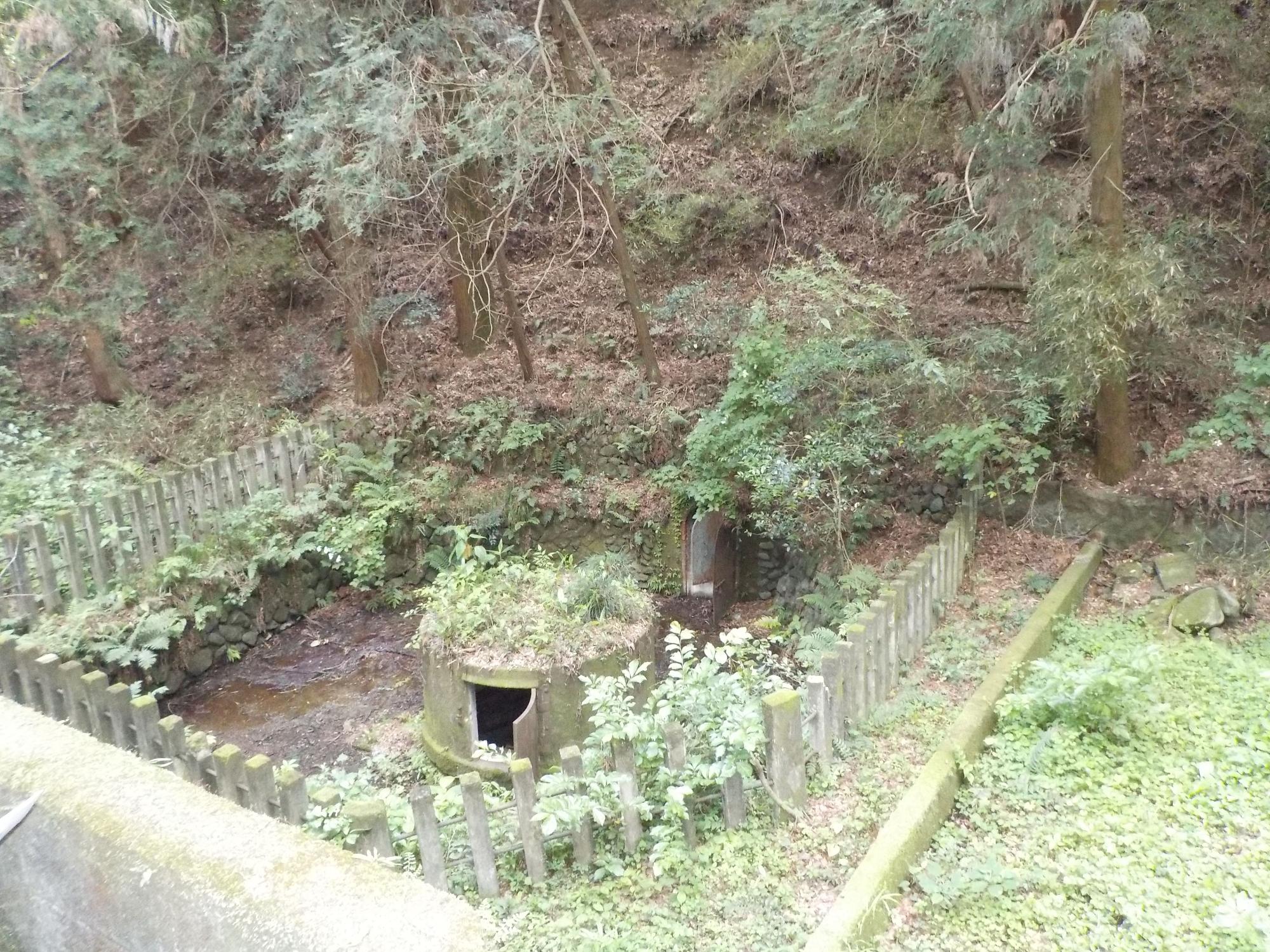 深い山林の斜面の下に位置する湿地帯のような場所で、低い木製の柵で囲われた湧水地があり、中央には屋根に草が生えた半円状の小さな構造物が見える、現在の紀伊ノ守の水源の写真