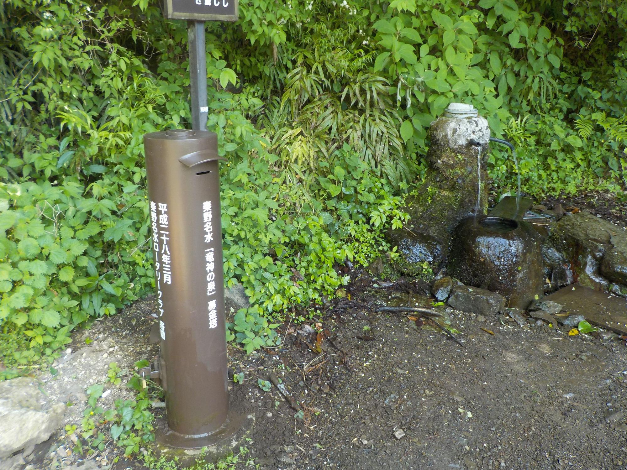 青々とした木々に囲まれた自然の中に、「秦野名水「竜神の水」募金箱」と白文字で書かれた円柱型の募金箱と、小さな石造りの湧水施設が写っている写真