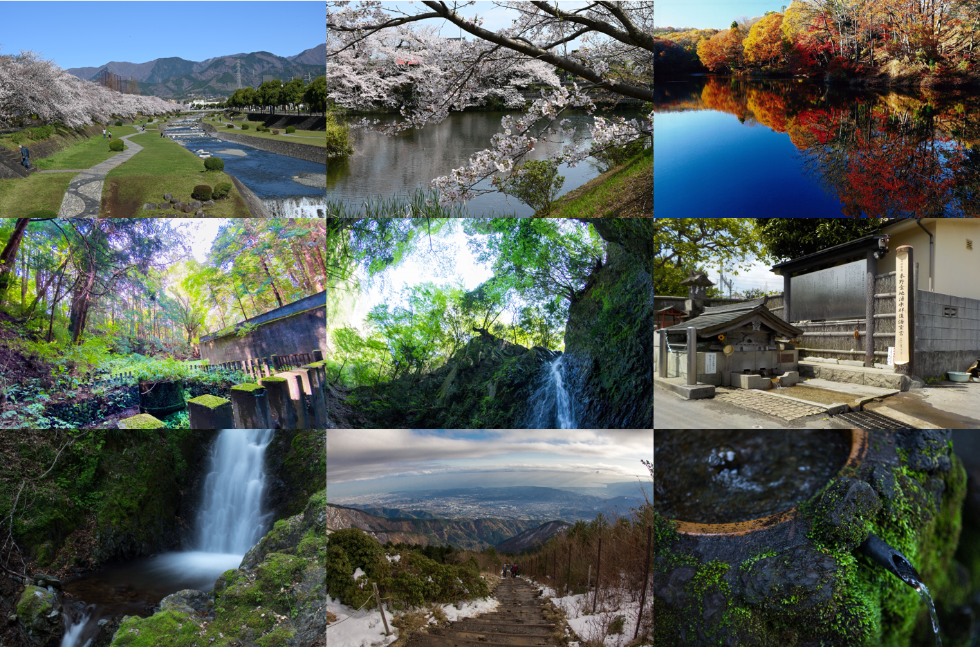上段は桜並木と川、満開の桜と水面、紅葉の木々と水面に映る景色、中段は渓流と森の緑、滝、水くみ場のような施設、下段は迫力ある滝壺、雪が残る山道からの街並みの遠景、苔むした水場の一部が収められている名水の里秦野を9分割したコラージュ写真