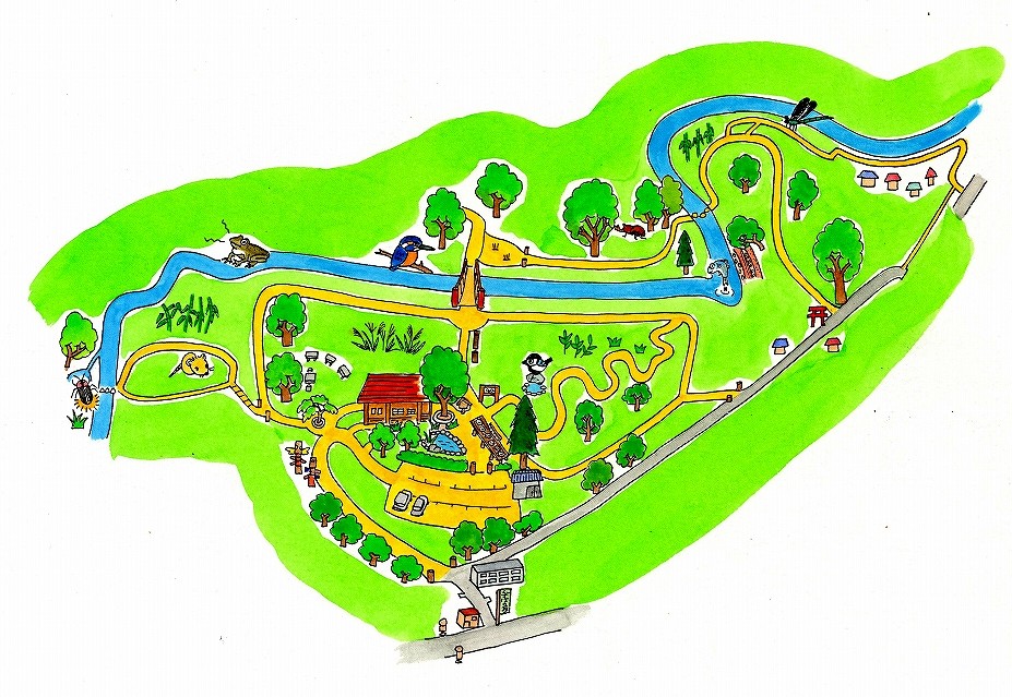 様々な鳥や昆虫などのイラストが描かれた、くずはの広場の地図