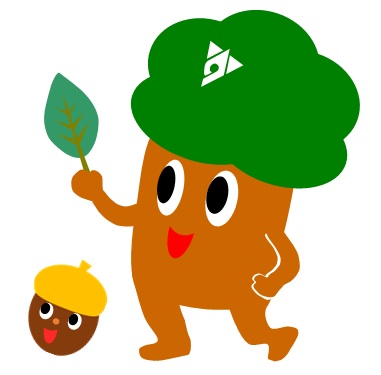 黄色い帽子をかぶったドングリのキャラクター「どんぐりん」が横で笑っており、左手に緑の葉を持っている大きな木をイメージした頭と茶色の胴体を持つキャラクター「もりりん」のイラスト