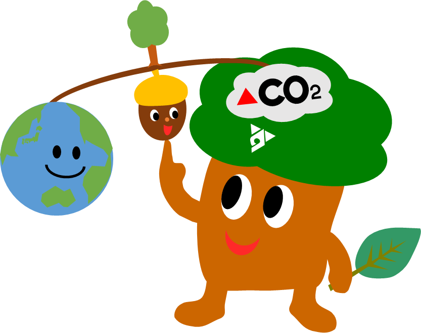 一本の木が立つ枝に吊るされた笑顔の地球儀と、帽子をかぶった顔を持つどんぐりの実を人差し指で支えている、頭の中の吹き出しに「CO2」の文字が書かれた「もりりん」のイラスト