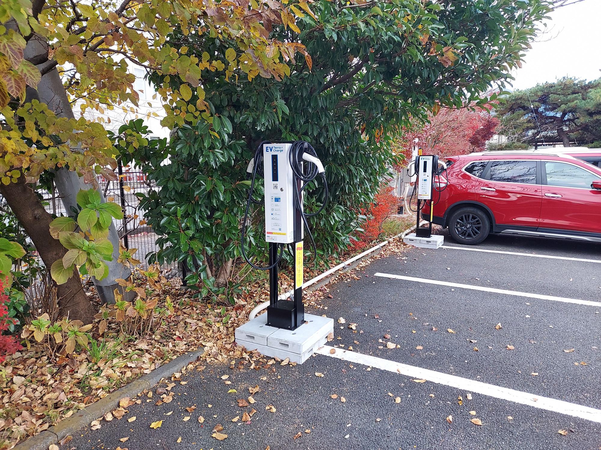 落葉した葉が散らばる駐車場の一角で、生い茂る木々の前に電気自動車用充電スタンドが2基設置され、奥には赤い車が充電スタンドのそばに駐車されている写真