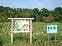 森林の縁にある草地に、公園の案内図と「生き物の里」と書かれた看板が立てられている、自然豊かな風景を写した写真