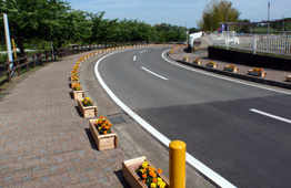 カーブした道路の左側に、オレンジ色や黄色の花が植えられた木製のプランターが等間隔に並んでいる写真