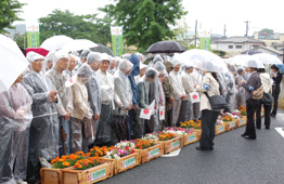 木製プランターの花が並んだ沿道に、カッパを着用した大勢の人々が一列に並んでおり、それぞれ小さな日の丸の旗を手に持っている写真
