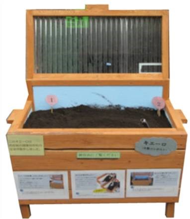 「キエーロ」と書かれたポップが貼られた、木製の箱型で、透明な波板の蓋が付いたコンポスターの中に土が入っている写真
