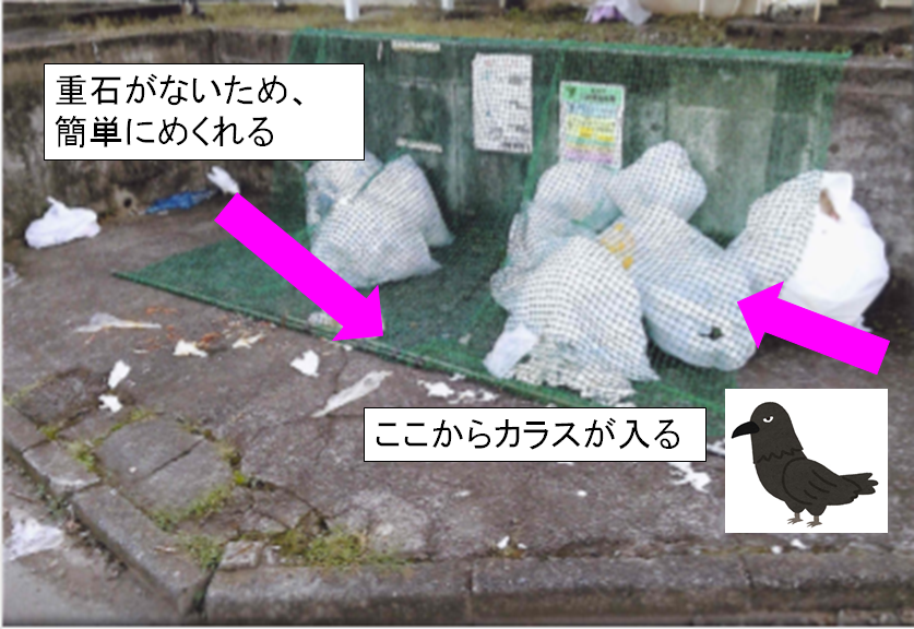 地面に置かれたごみ袋の山が緑のネットで覆われているごみ置き場の写真に「重石がないため、簡単にめくれる」「ここからカラスが入る」という文字とその部分を指すピンクの矢印、カラスのイラストが添えられた、ごみ収集場所の改善前の画像