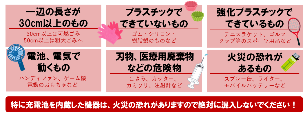 一辺の長さが30センチメートル以上のもの、プラスチックではないもの、強化プラスチック製のもの、電池、電気で動くもの、刃物・医療用廃棄物などの危険物、火災の恐れがあるものなど、プラスチックごみの分別で注意が必要な品目を示したイラスト