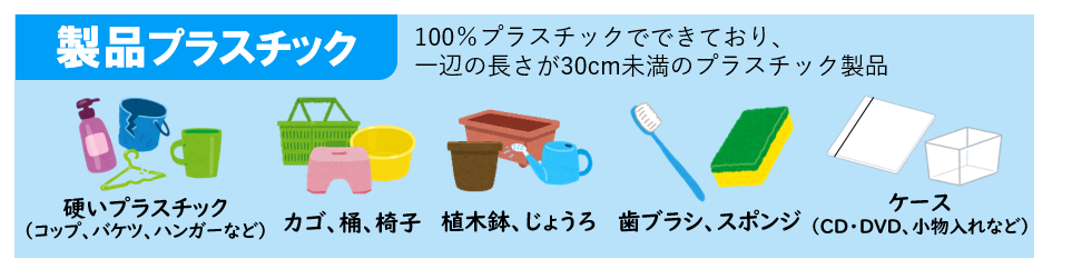 洗面器やコップ、かご、植木鉢、じょうろ、歯ブラシ、スポンジ、CD・DVDケースなど、一辺の長さが30センチメートル未満の製品プラスチックを示すイラスト