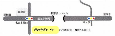 中央に新善波トンネルがある、左に「至松田」、右に「至厚木」と書かれた国道246号線沿いの「名古木宮前」交差点の傍にある「環境資源センター」の場所を示している案内図